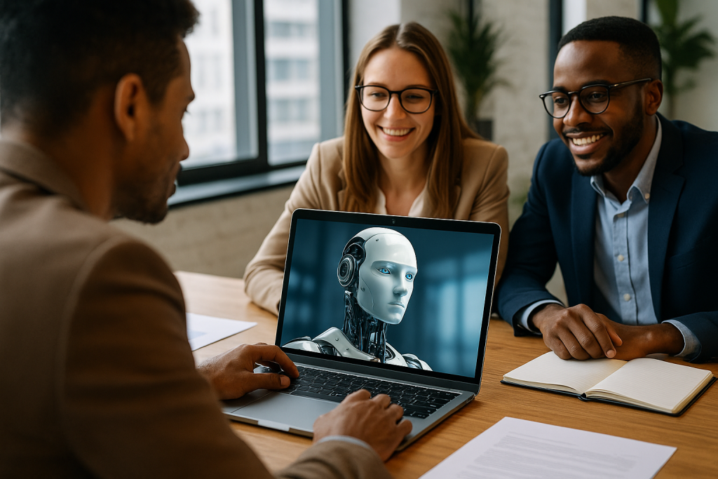 Three professionals in a modern office discuss AI while viewing a humanoid robot on a laptop screen